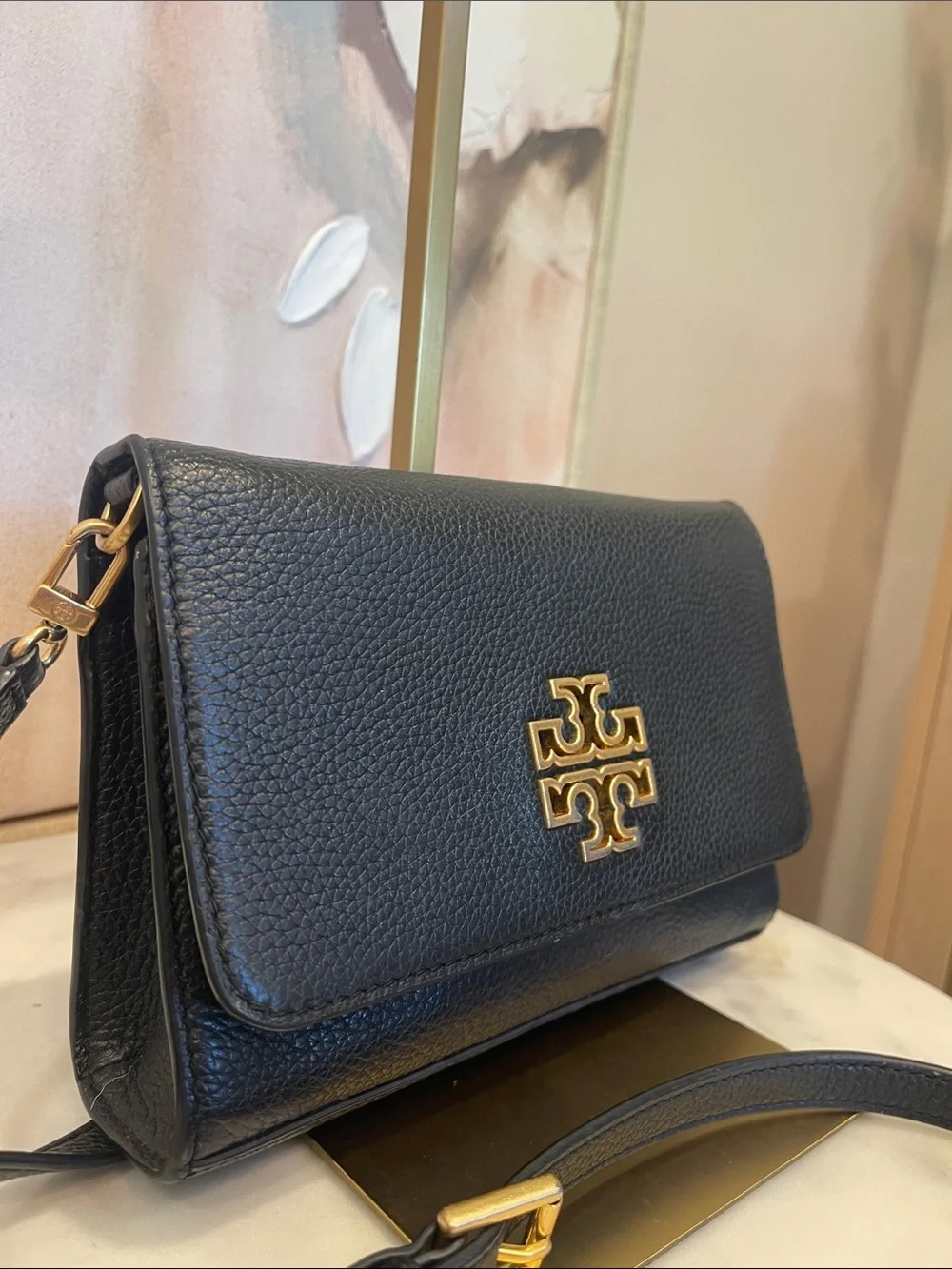 Tory Burch Black Pebbled Leather Crossbody with Gold Logo